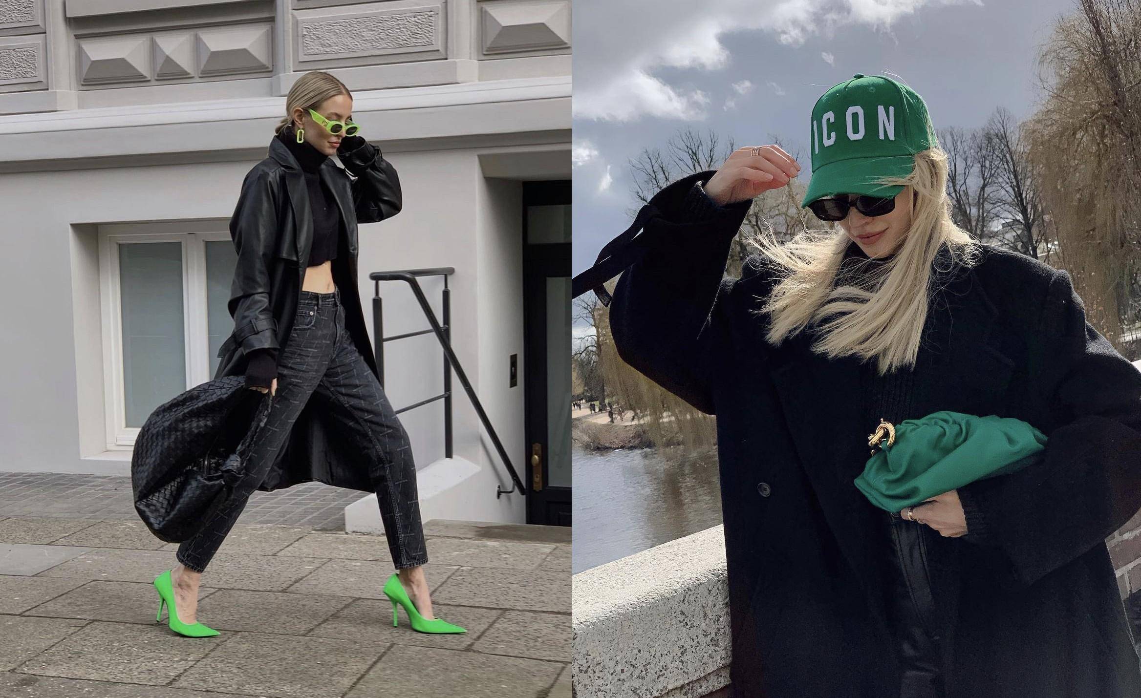 像是在all black穿搭搭配亮色鞋包配饰的思路,就能让全黑穿搭亮眼不