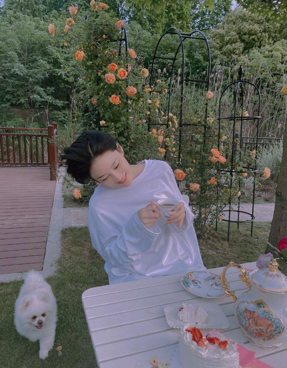 张馨予晒私家花园,打扮精致连茶杯都好华丽,大片花海像公园_何捷_生活