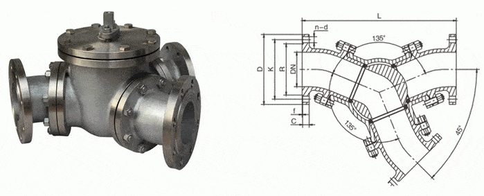 45度y型三通球阀q42f,夹角可设计成30°,60°,90°及其他角度等_管口