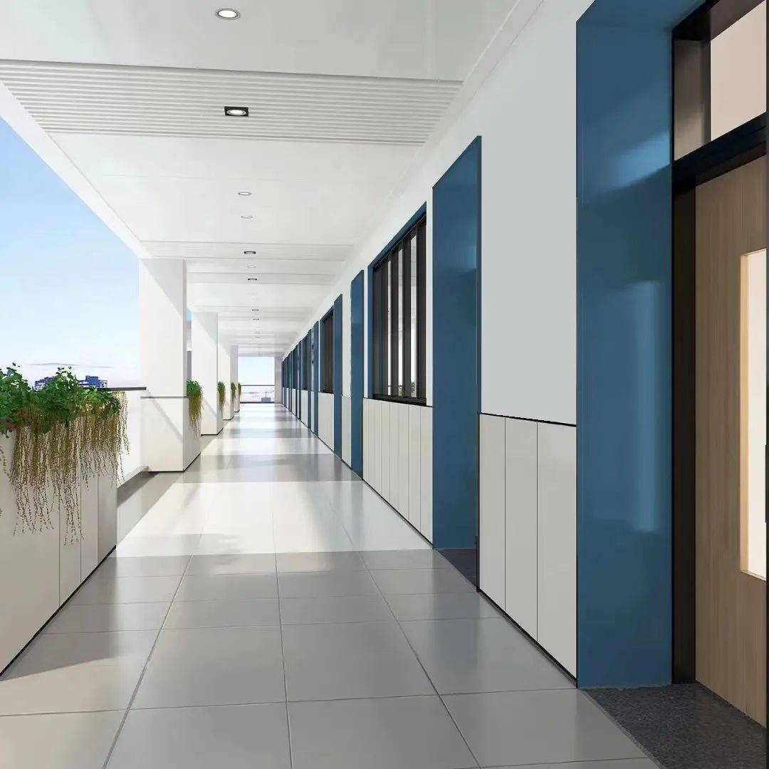 走廊连接通风采光日照良好所有教室均采用25米楼间距的单廊式各自围