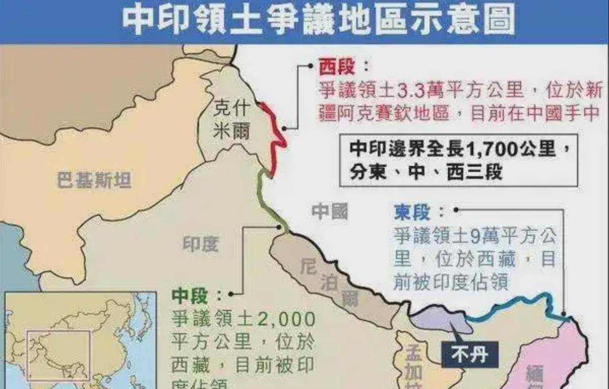 中印领土争端示意图印度一看,自己作为一个泱泱大国,怎么会有国家威胁