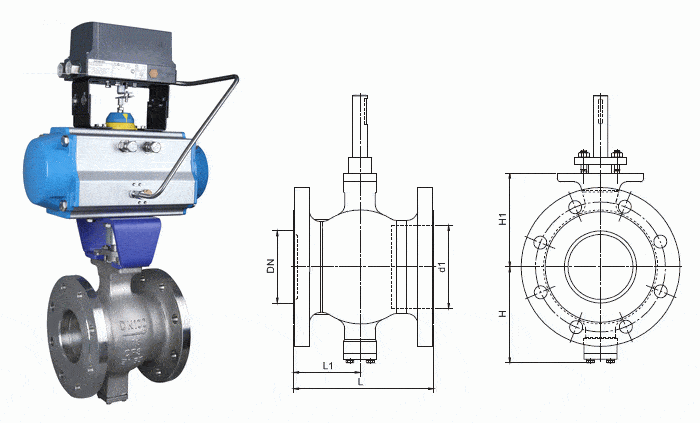 vq647f/h/y气动v型球阀,由法兰连接v型球阀与气动执行机构及附件组合