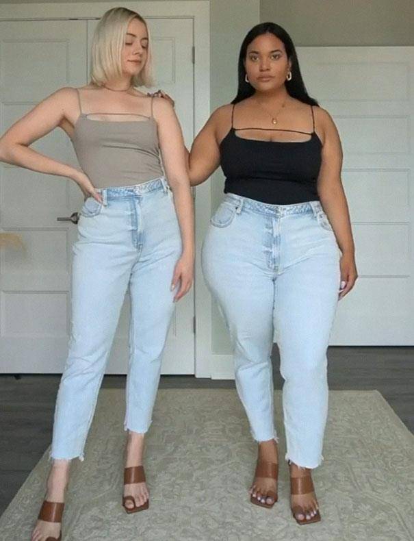 外国一对胖瘦穿同款搭配,胖女孩竟不输_黑色_衣服_吊带裤