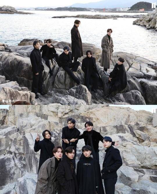 bts海边自拍,金泰亨比v田柾国眉形出众,朴智旻香奈儿耳环太闪_大衣