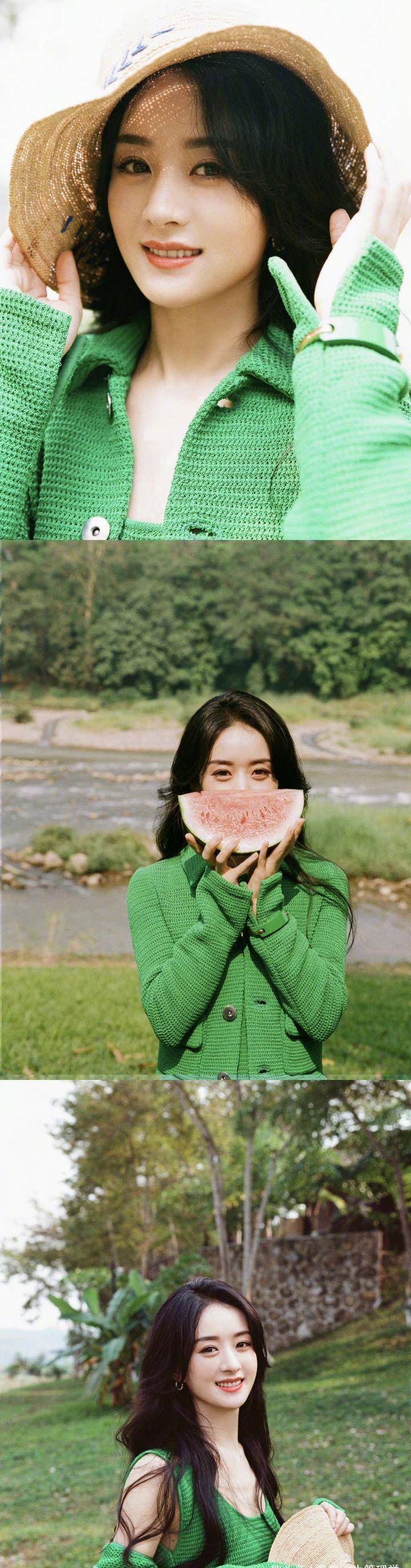 赵丽颖婚后首次亮相,身着一身绿色森林系裙子写真曝光,美的不可方物