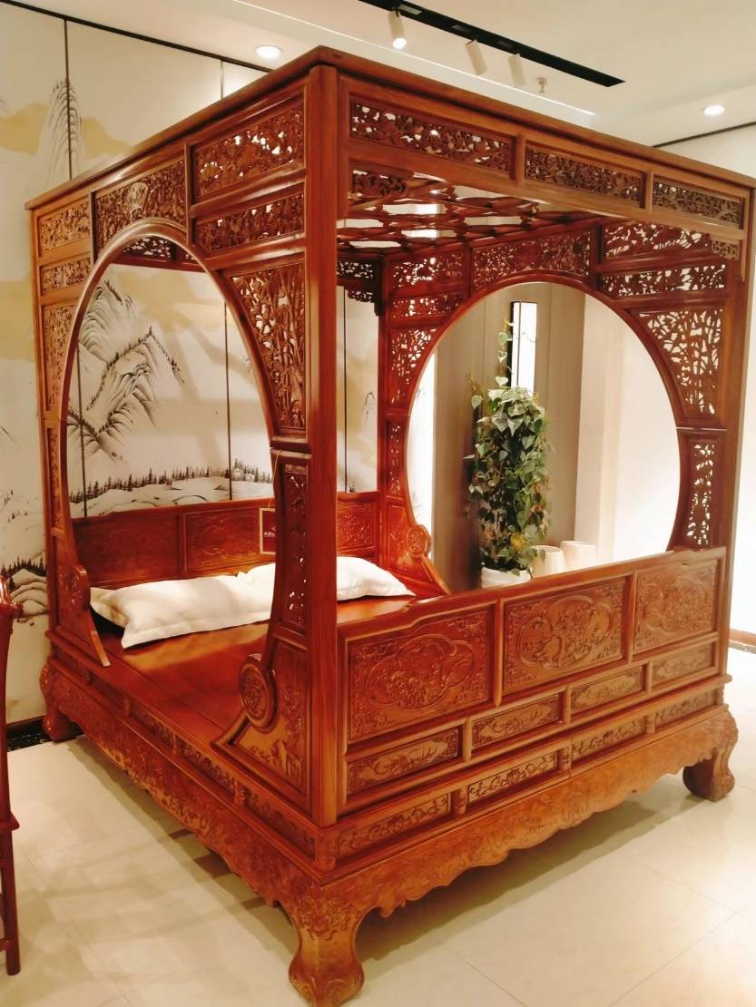 花鸟双月洞门架子床_雕刻_家具_红木