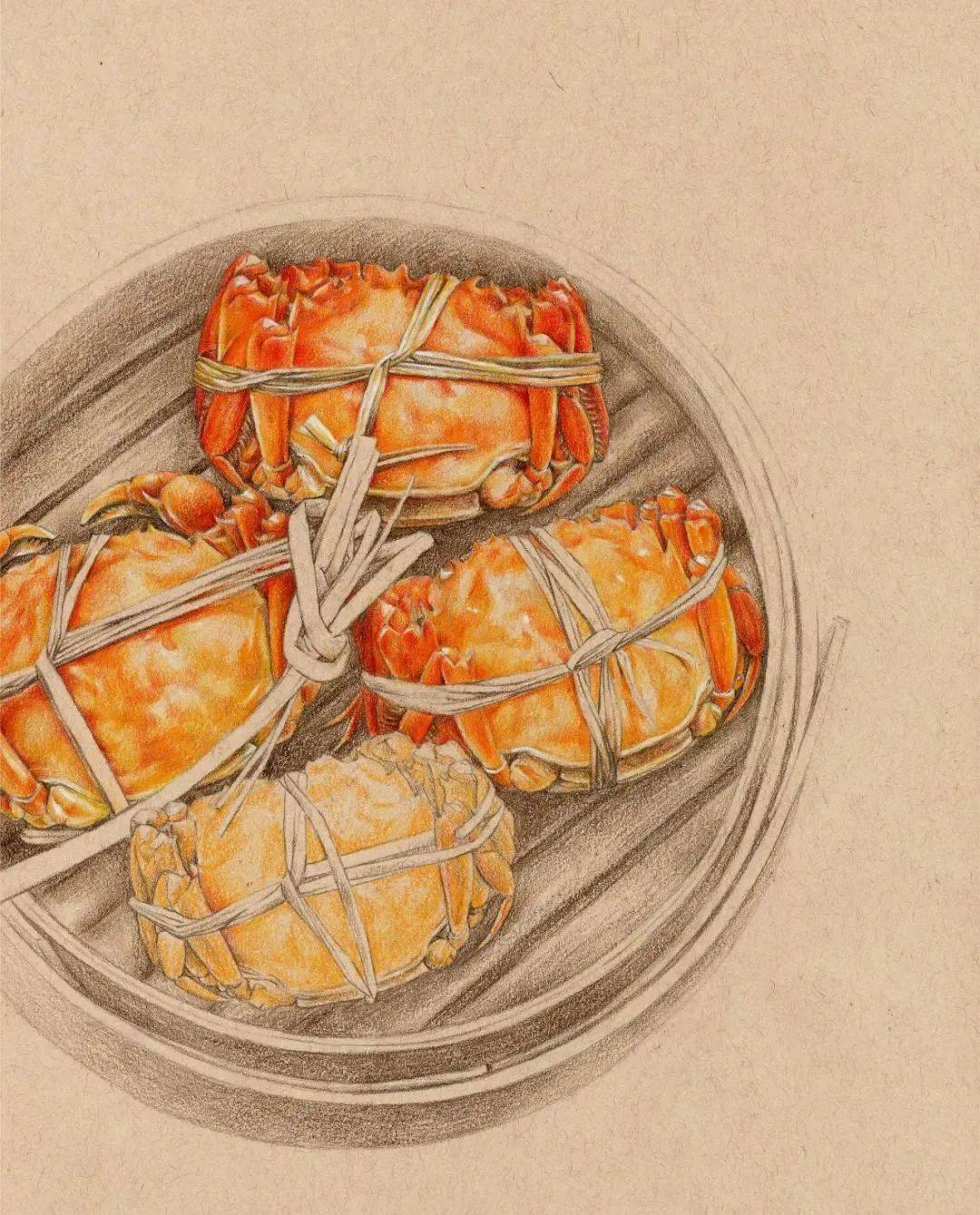 用猩红和印度红绘制下方蟹腿,鹅黄色勾勒蟹壳边缘,依旧白色粉笔提亮.