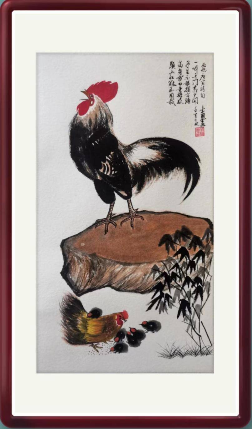 作品名称:《雄鸡报晓》作品尺寸:33cm×66cm作品材质:半生熟宣作品