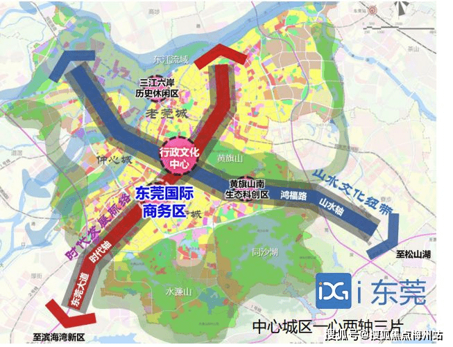 当前,东莞中心城区按"一心两轴三片区"规划发展,"一心"指行政文化中心