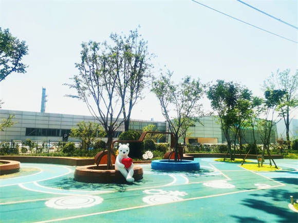 两条彩色沥青游步道贯穿五角枫树林,两侧建有休闲广场,植物配置疏朗