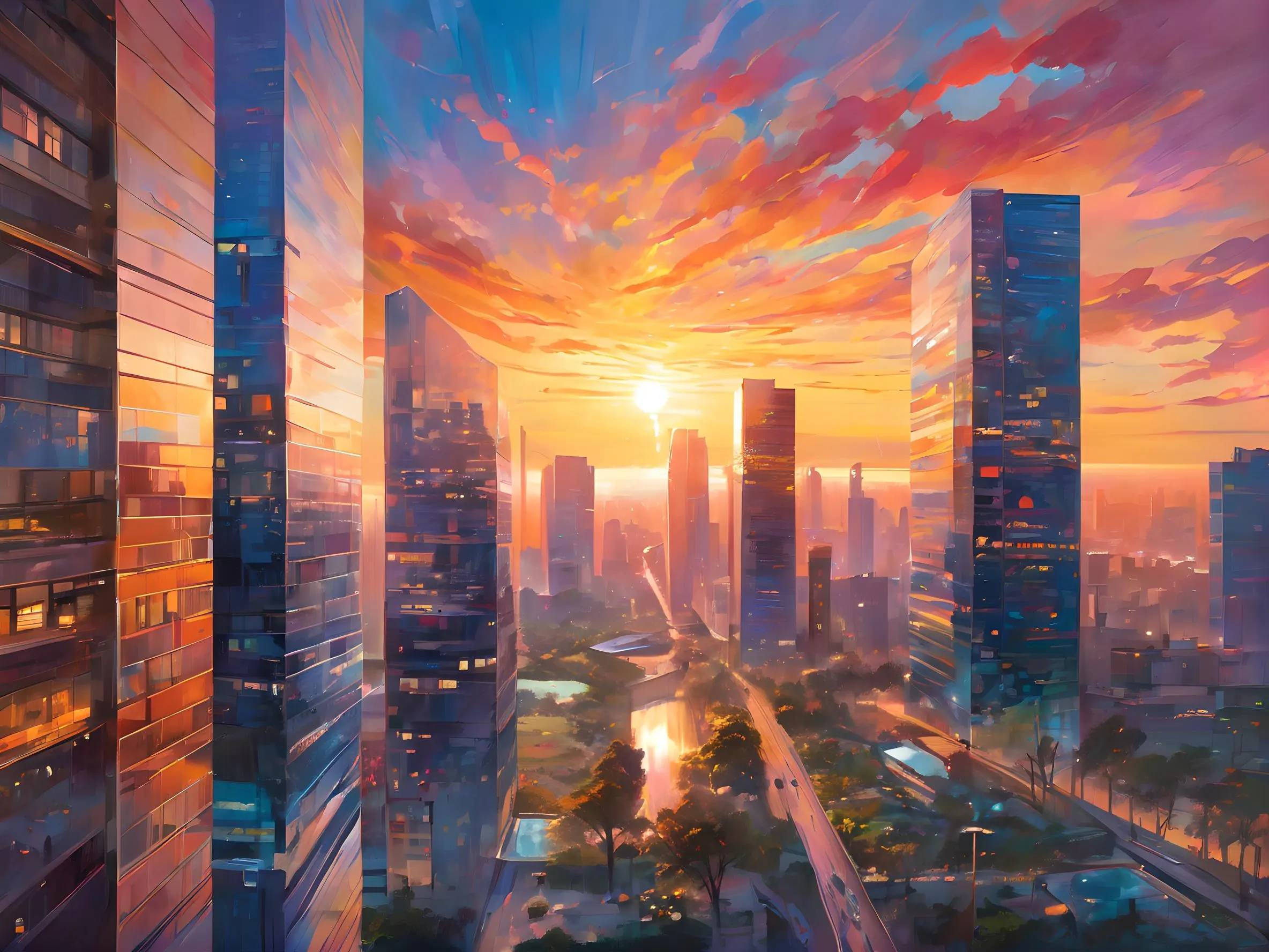 这幅画作中,晚霞的余晖映照在城市高楼大厦上,形成一幅梦幻的画面.