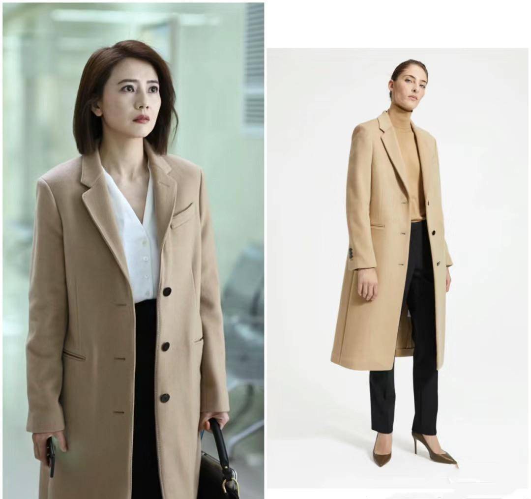 高圆圆戏剧的风格也值得学习驼色大衣 v领衬衫 高腰裤秋冬季节,优雅