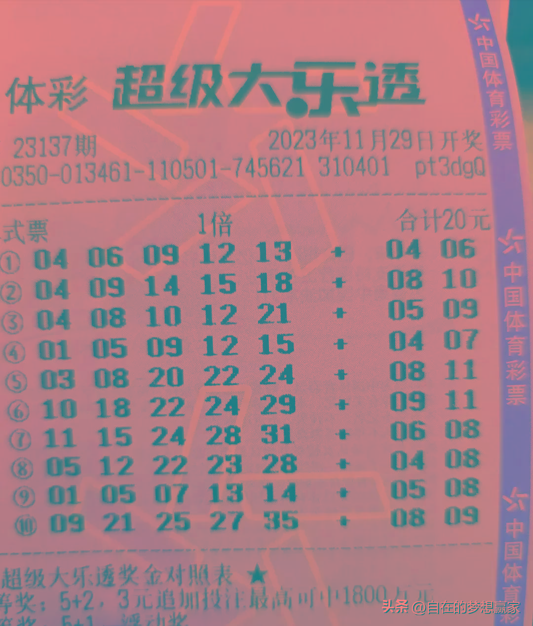 最后,再带来本期大乐透的晒票分享,单注号码99倍投注,期待挑战亿元