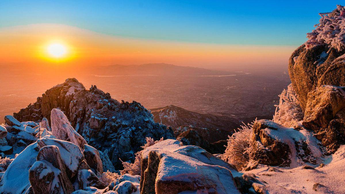 泰山:朝霞白雪交相辉映 宛若仙境(组图)_摄影_光影_泰安市