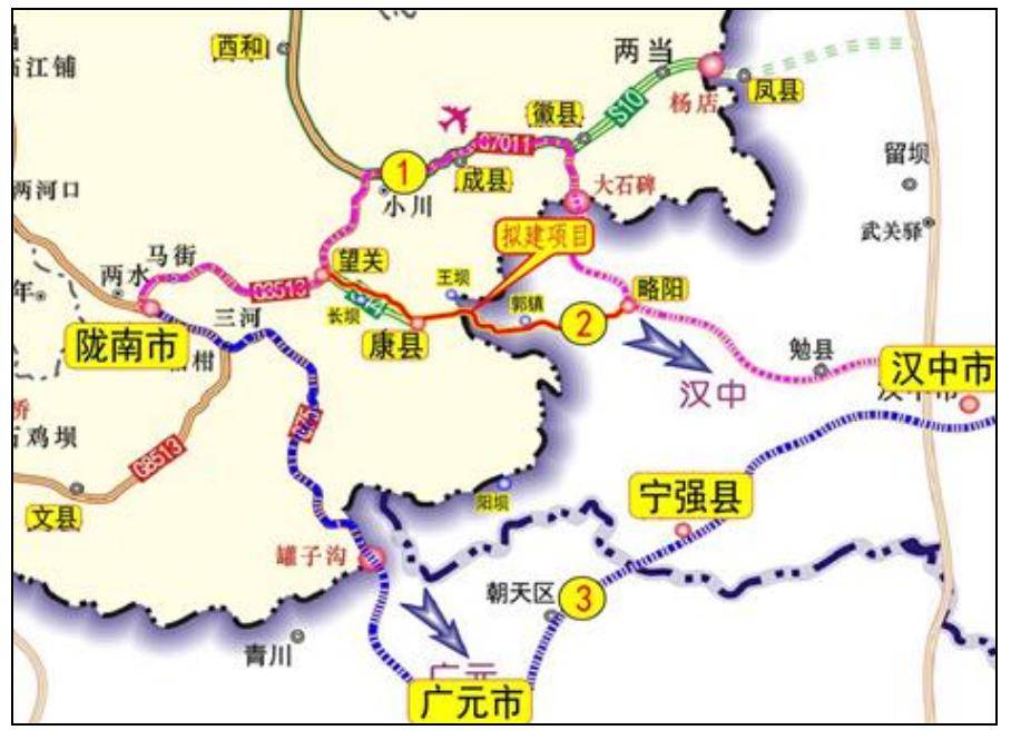 与g8513平凉至绵阳高速公路以枢纽立交相接,途经长坝镇,康县县城,王