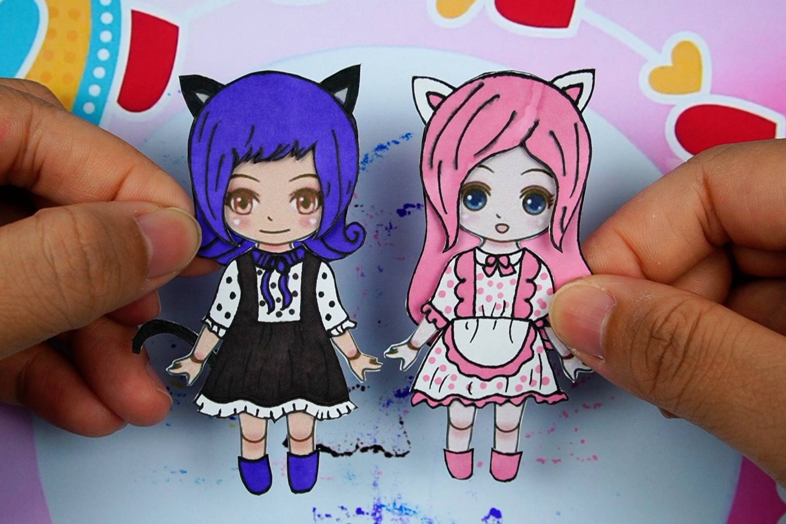 纸娃娃黑猫和白猫换装秀可爱的小女孩手工手绘
