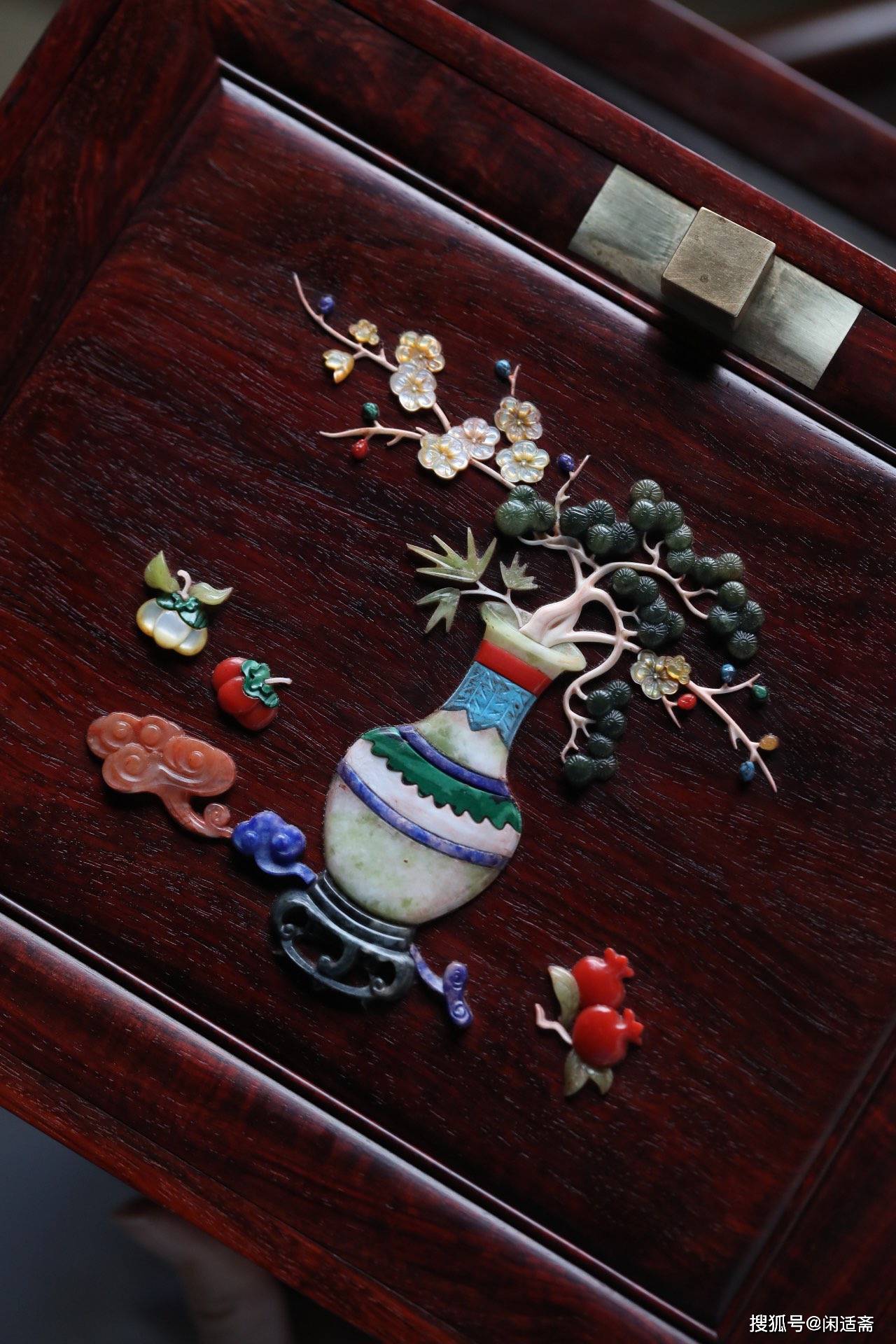 原创小叶紫檀百宝嵌岁朝清供图文房茶室提箱