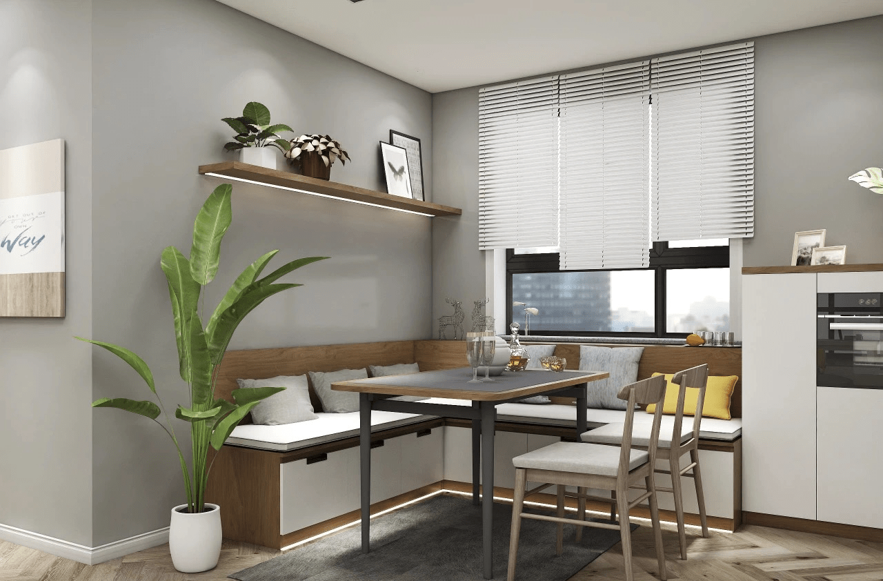 卡座餐边柜设计,空间虽小,但却格调满满,不同于千篇一律的餐桌,卡座更