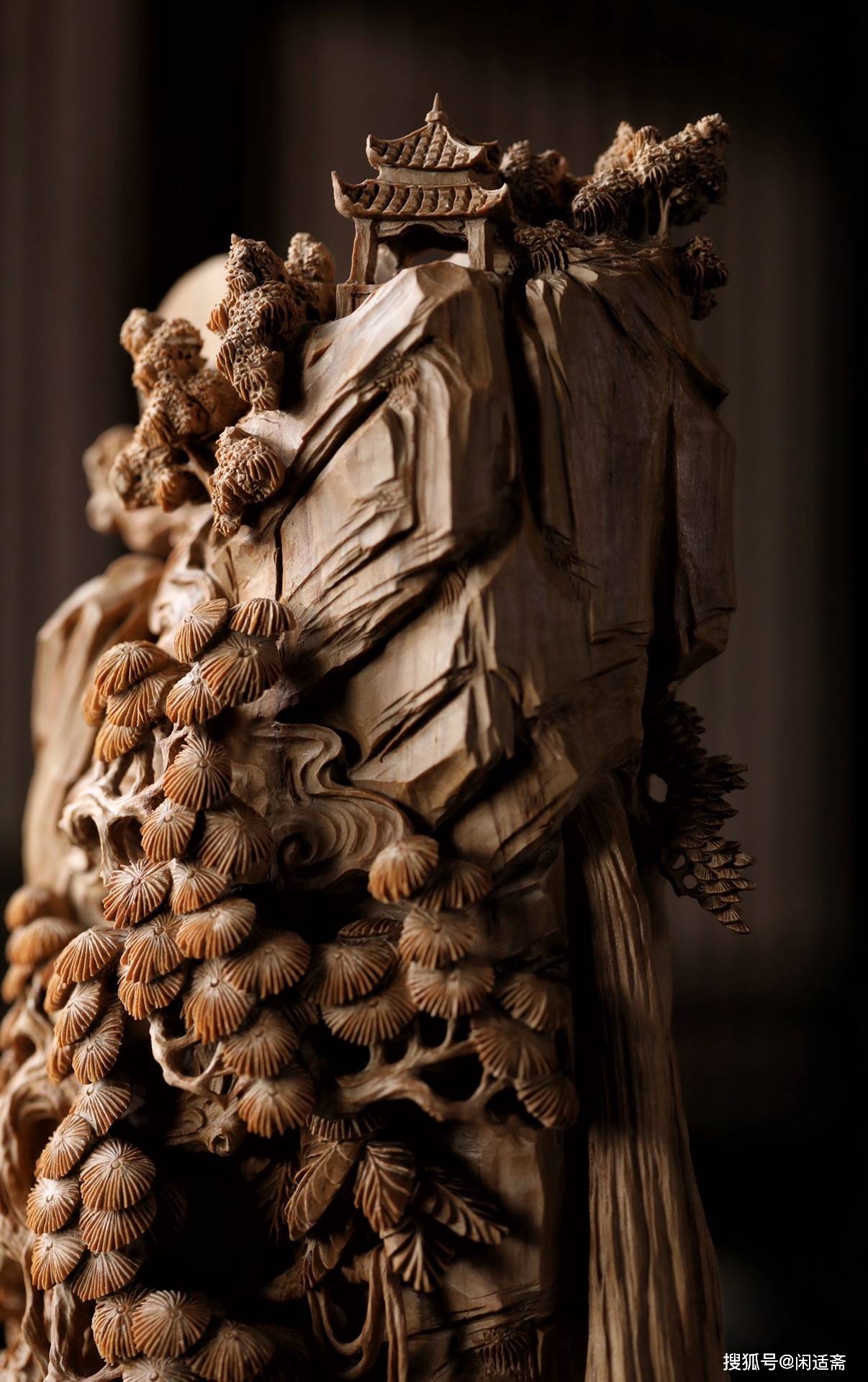 原创雅室清供檀香木雕烟云观瀑艺术摆件