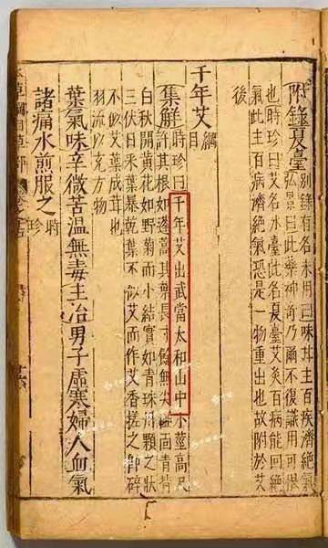 《本草纲目》记载:艾以叶入药,性温,味苦,无毒,纯阳之性,通十二经,具