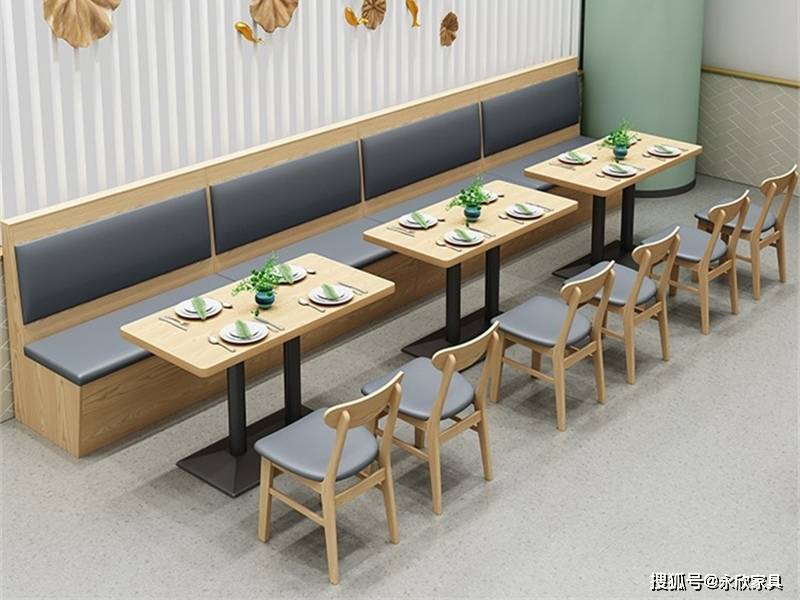 长条靠墙转角卡座沙发搭配桌子椅子整体效果图