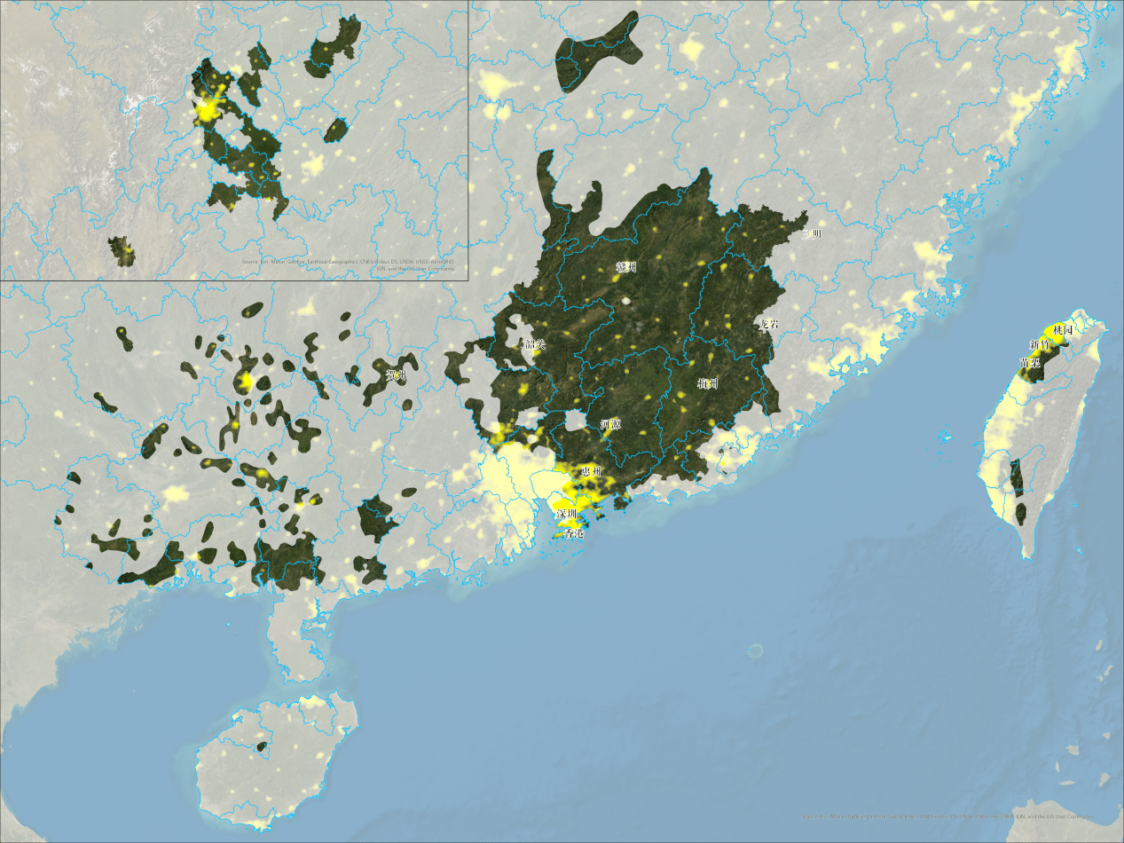 客家話分佈區的夜景燈光圖從全國範圍來看,中國有客家人聚居的地區共