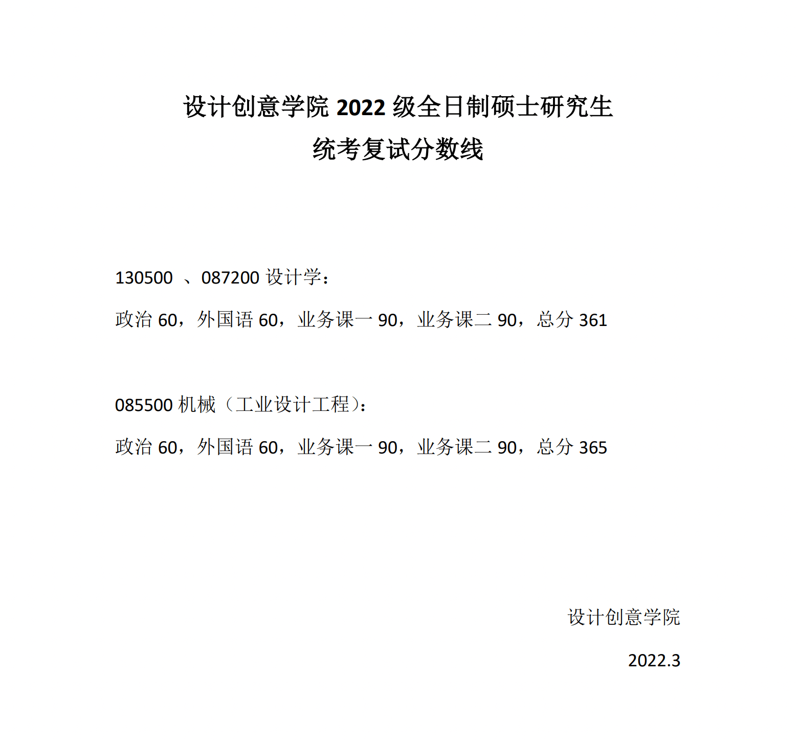 同济大学设计创意学院2022级全日制硕士研究生统考复试分数线