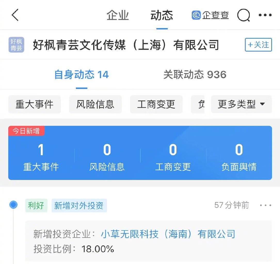 好枫青芸文化传媒(上海)有限公司投资成立小草无限科技(海南)有限公司