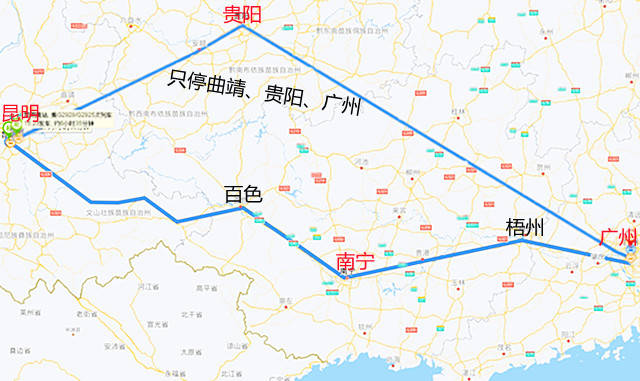 昆明到广州途经南宁直线距离短，但途经贵阳反而时间更短，为什么呢
