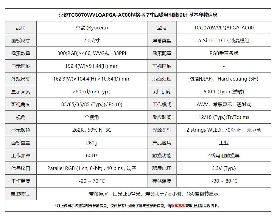 京瓷tcg070wvlqapgaac00规格书7寸四线电阻触摸屏