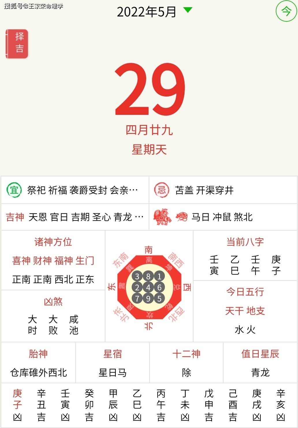今日黄历查询吉时 吉凶宜忌运势 王家荣万年历 农历四月二十九 2022.