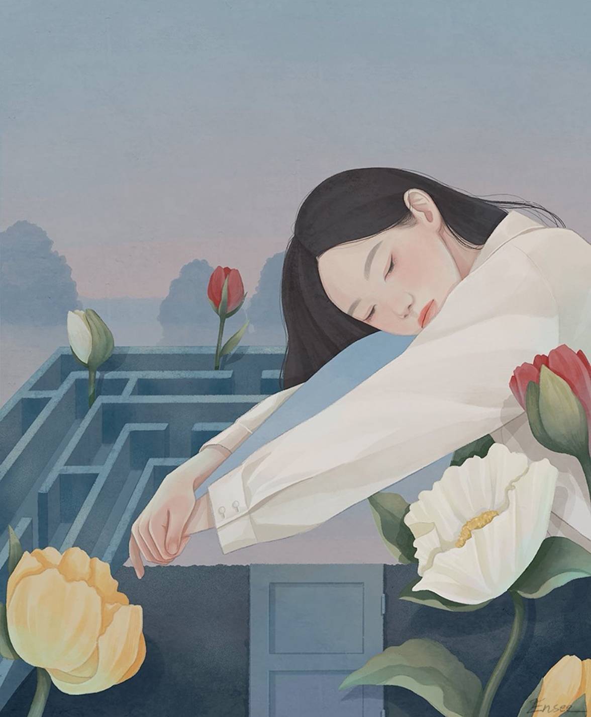 韩国插画师choi mi kyung 女孩与花