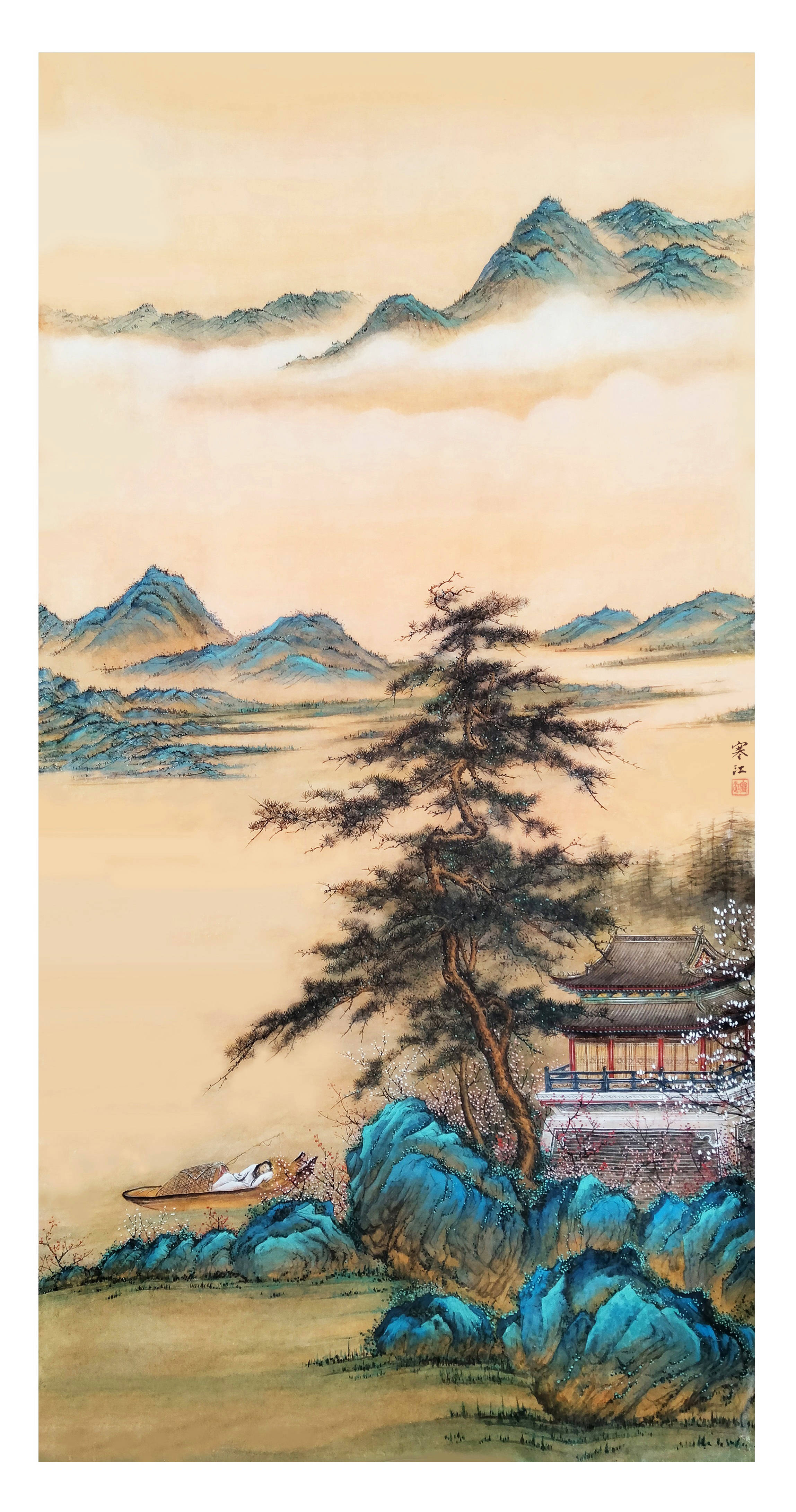 界画寒江工笔界画桃花仙人躺平图