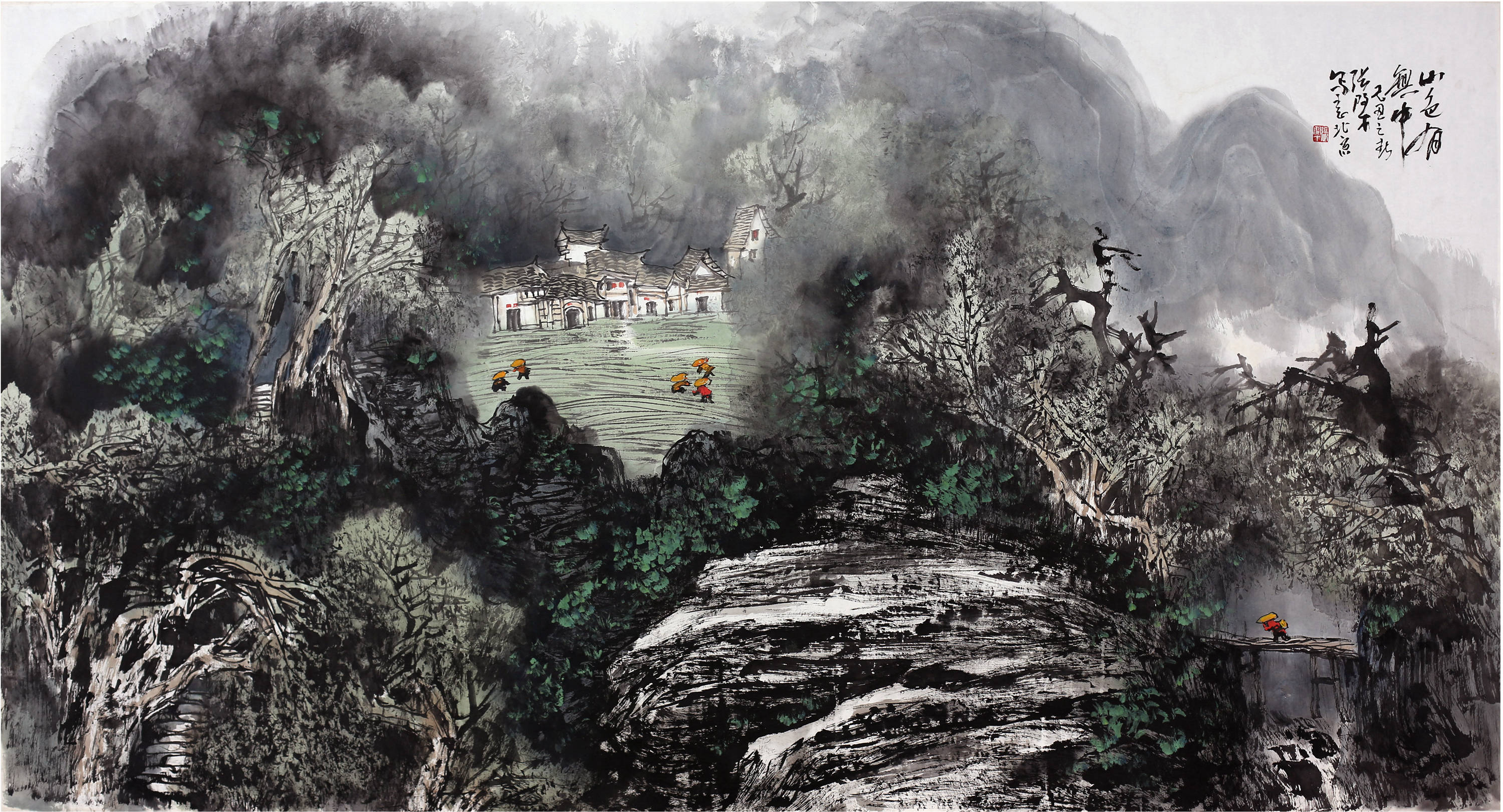 180cm x 97cm 2005这件山水作品规格为180cm x 97cm,是张际才2005年