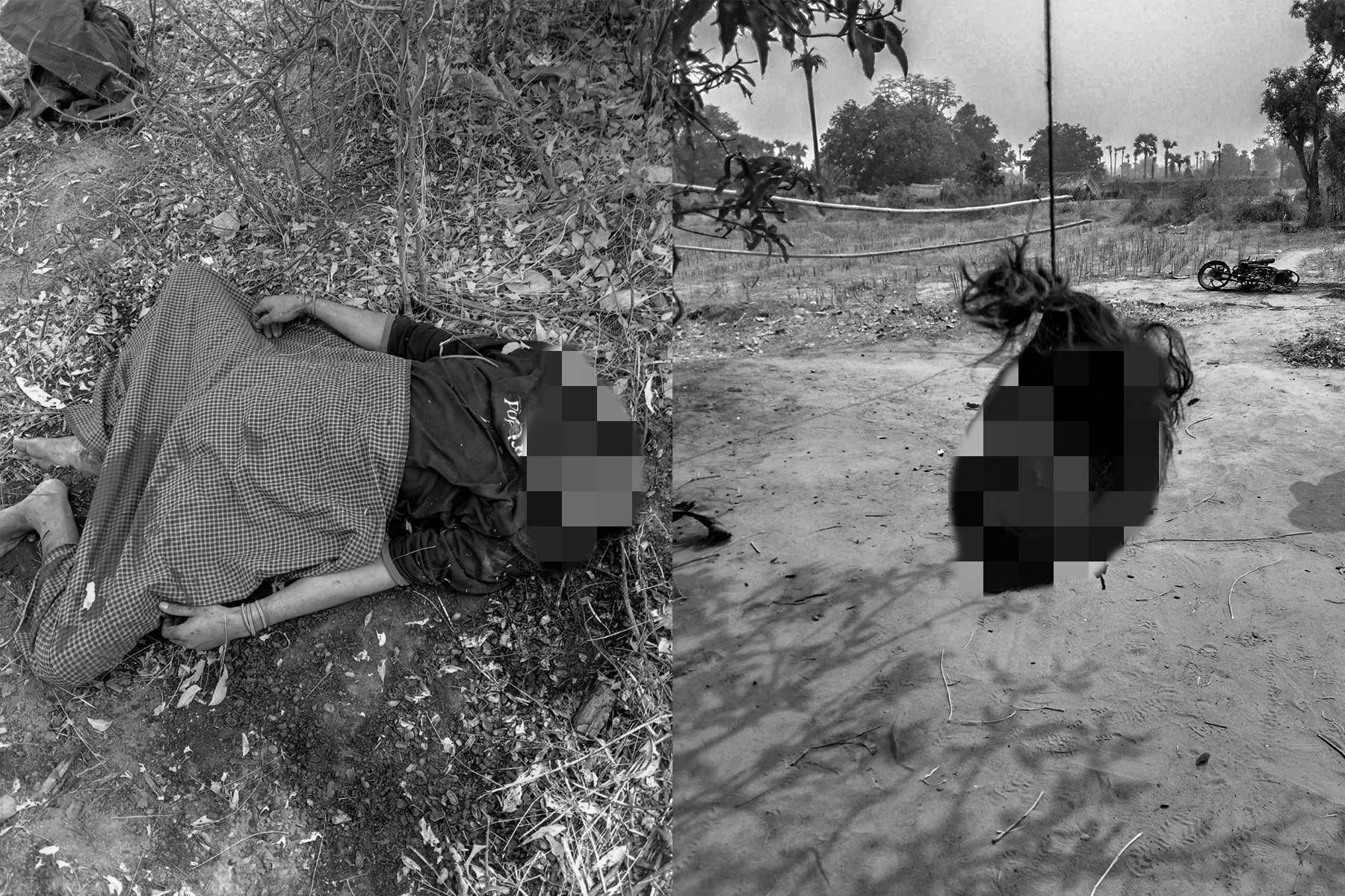 缅军在实皆省将一名地方保卫军成员斩首后头颅悬挂在树上