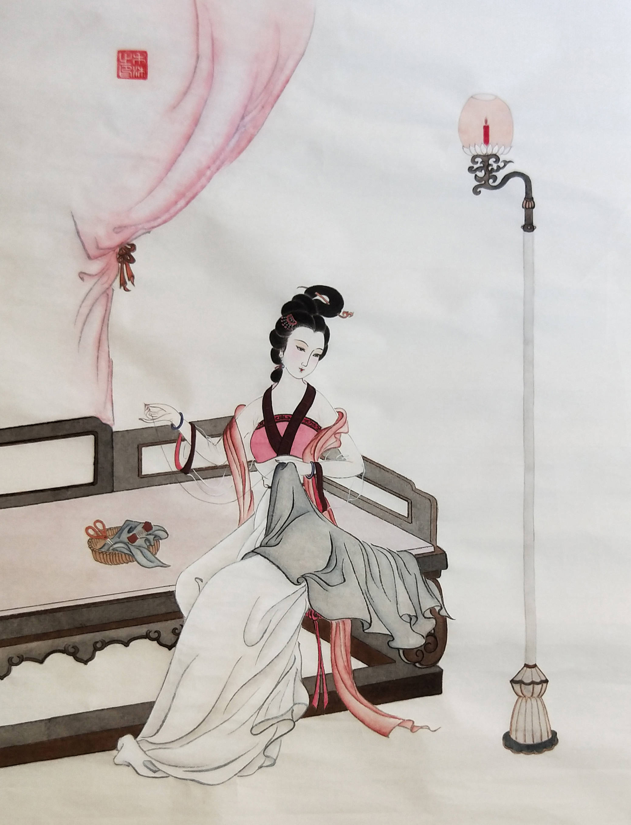 针黹图(黄丽燕国画仕女图工笔画)_禾沐_河冰_密密缝