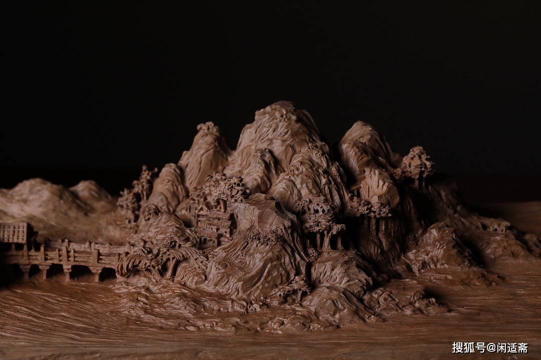 显微镜下的千里江山图,檀香木微雕作品_山水_山石_画面