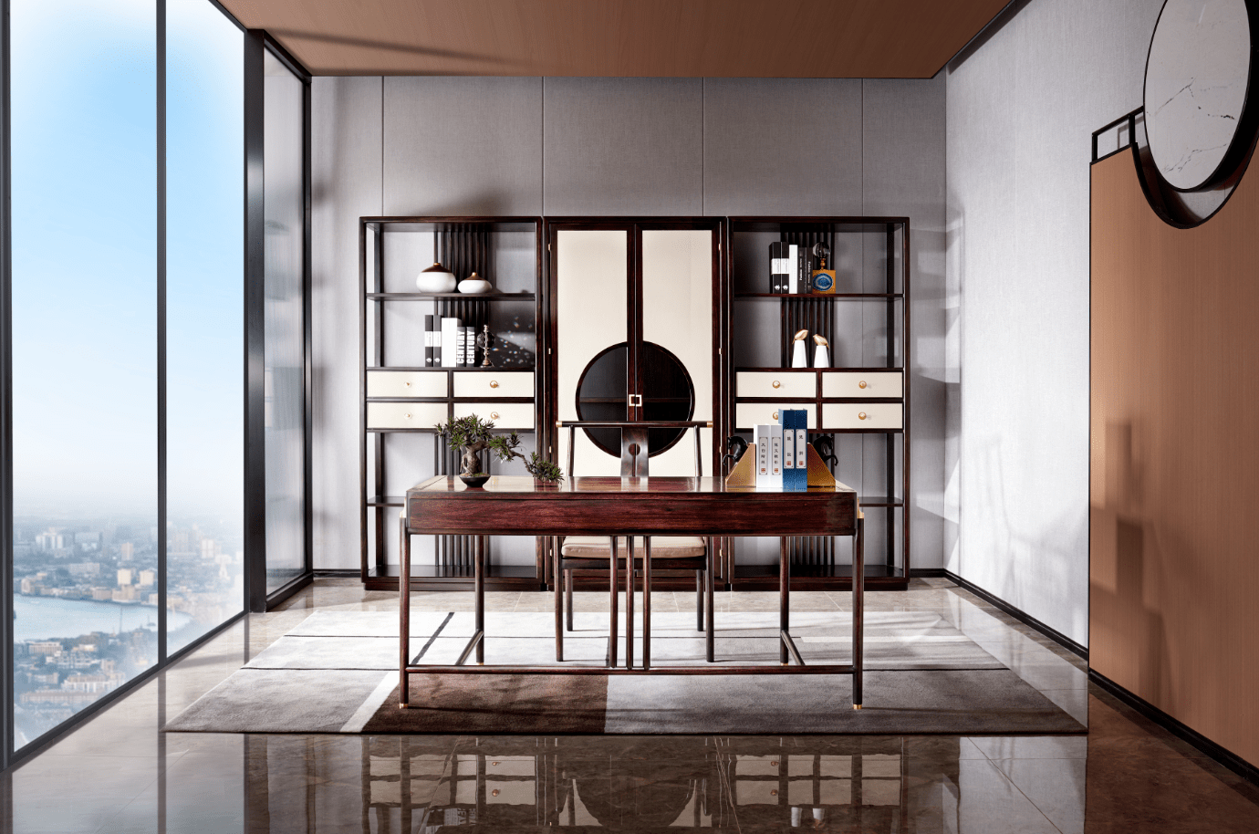 新中式书柜通常采用天然木材或者杂木的复合材料,具有高品质和环保性.