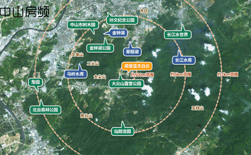 其中包括大尖山露营公园,金钟湖公园,翠丽湖,树木园,逍遥谷等深受中山