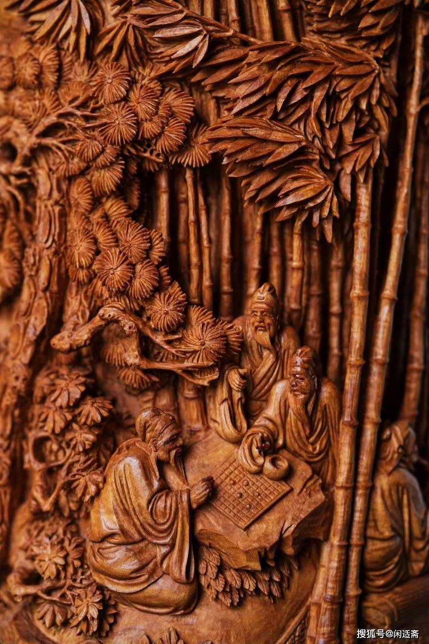 老山檀香木雕,竹林七贤,大笔筒_雕刻_作品选_艺术