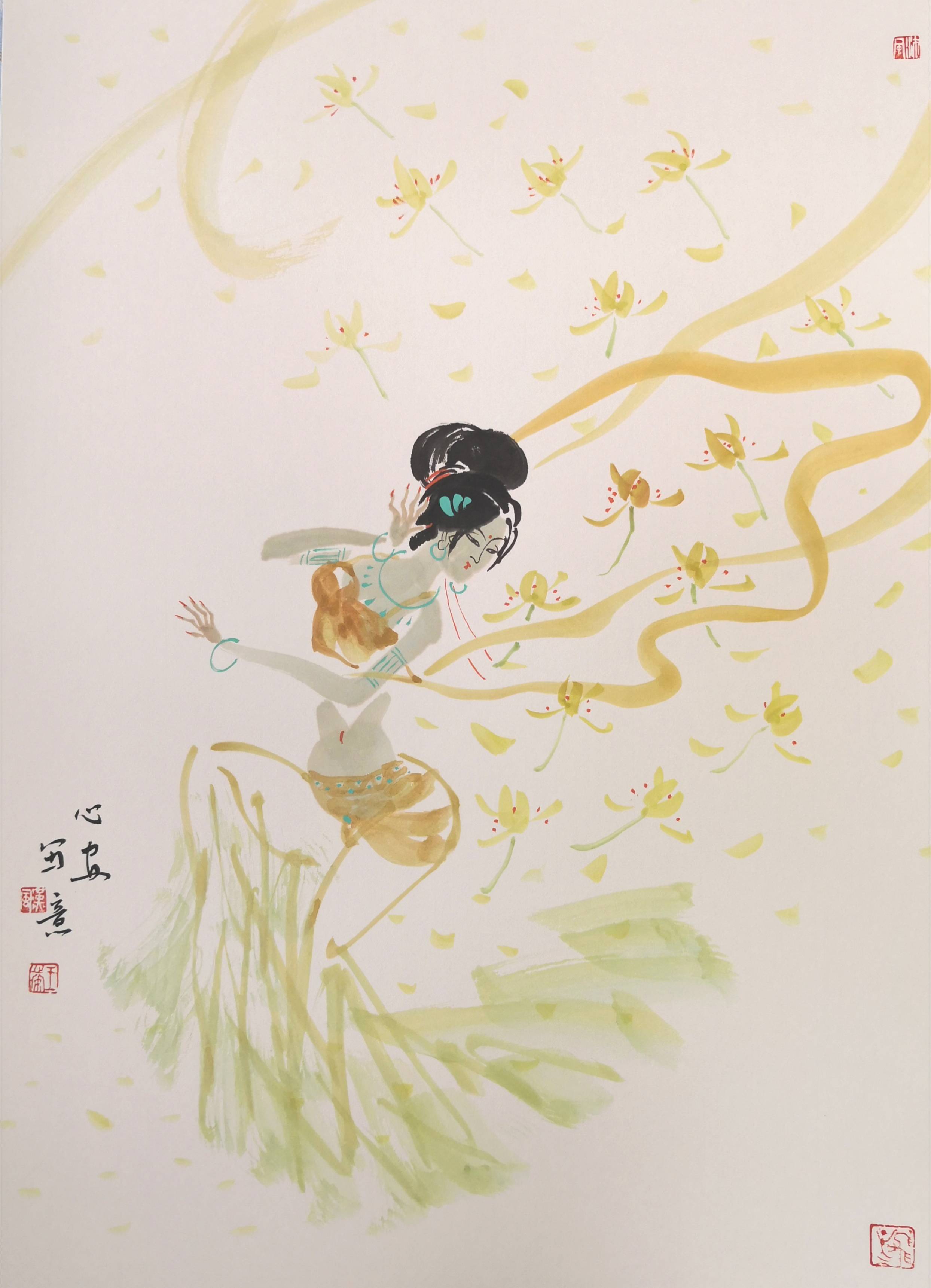 画家王心安的“飞天”,散花撒露,送福献寿_花魂_彩霞_天使