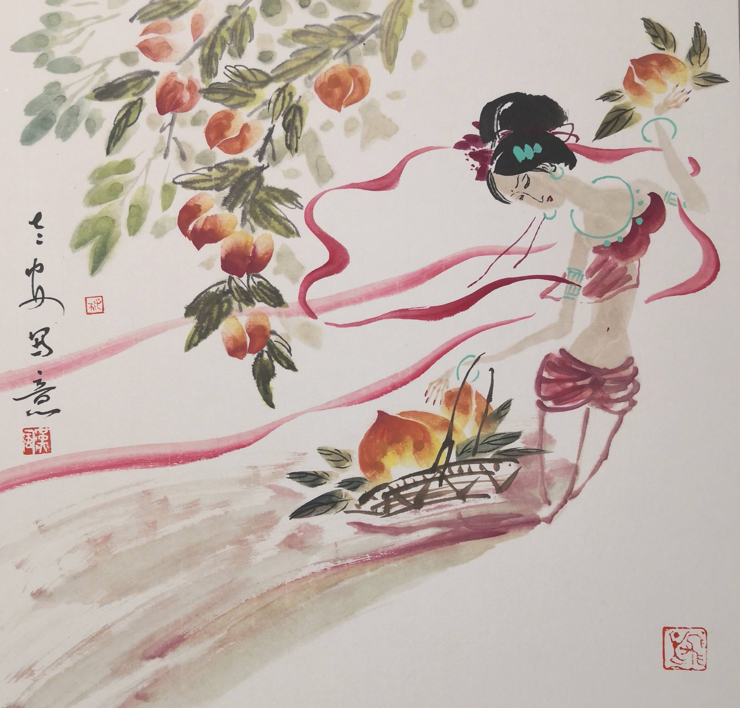 画家王心安的“飞天”,散花撒露,送福献寿_花魂_彩霞_天使