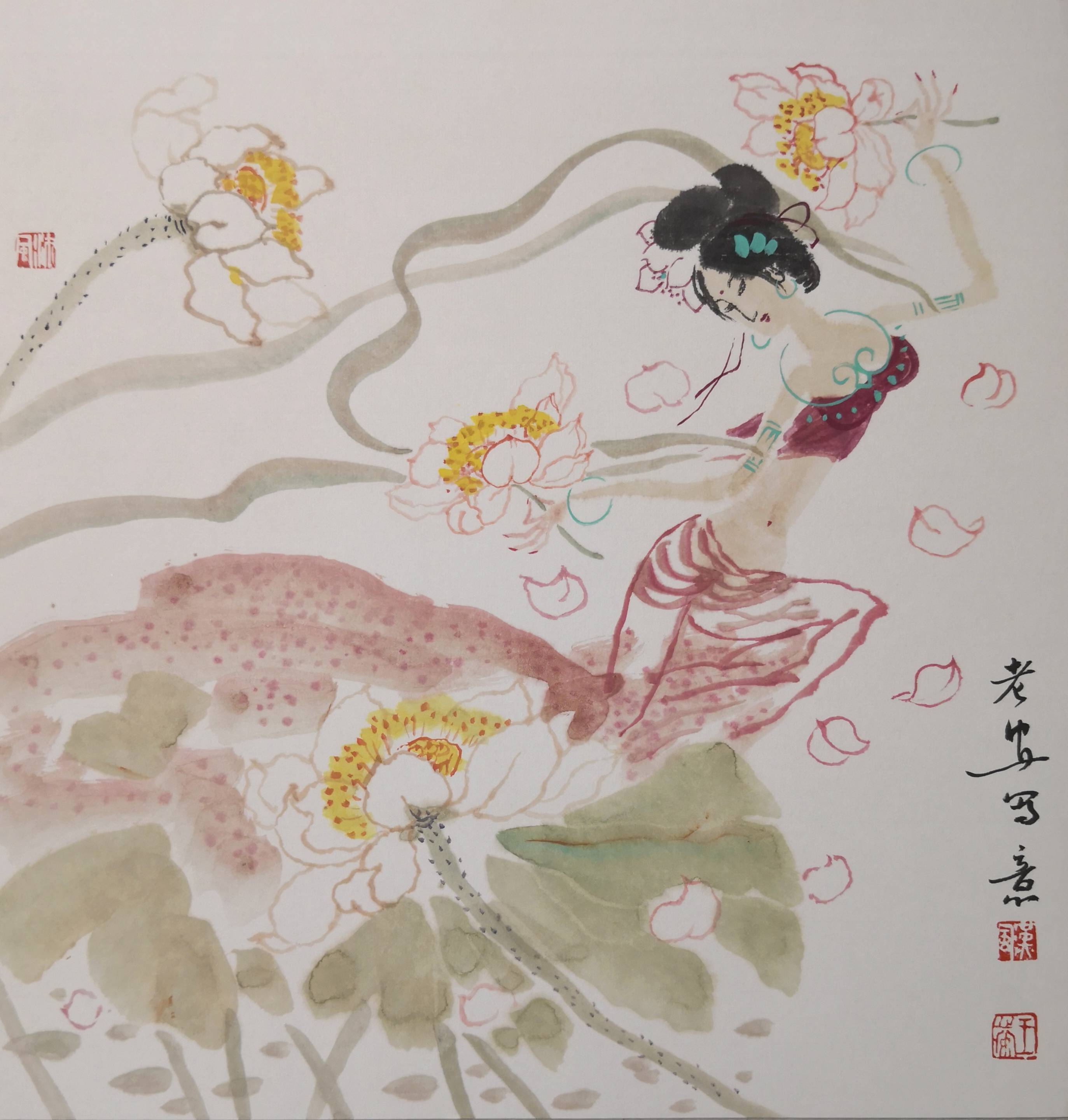 画家王心安的“飞天”,散花撒露,送福献寿_花魂_彩霞_天使