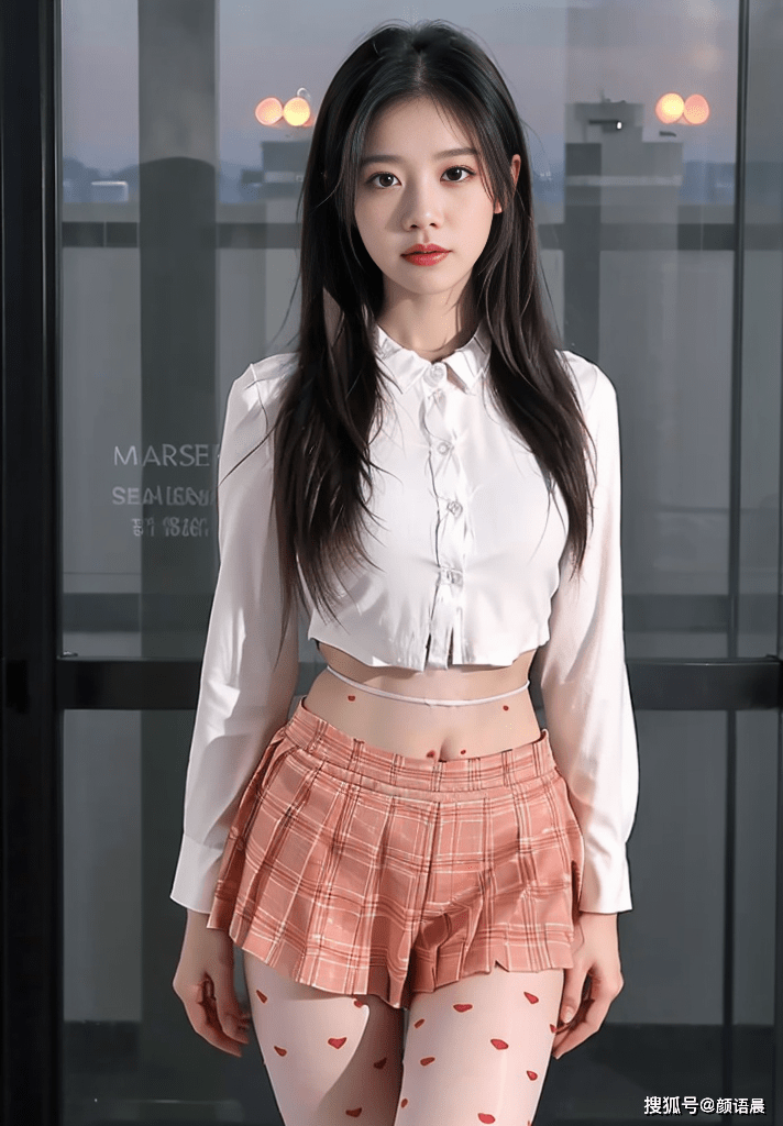 高清美女壁纸:白色露腰长袖衬衣与粉色格子短裙搭配爱心肉色丝袜_气质