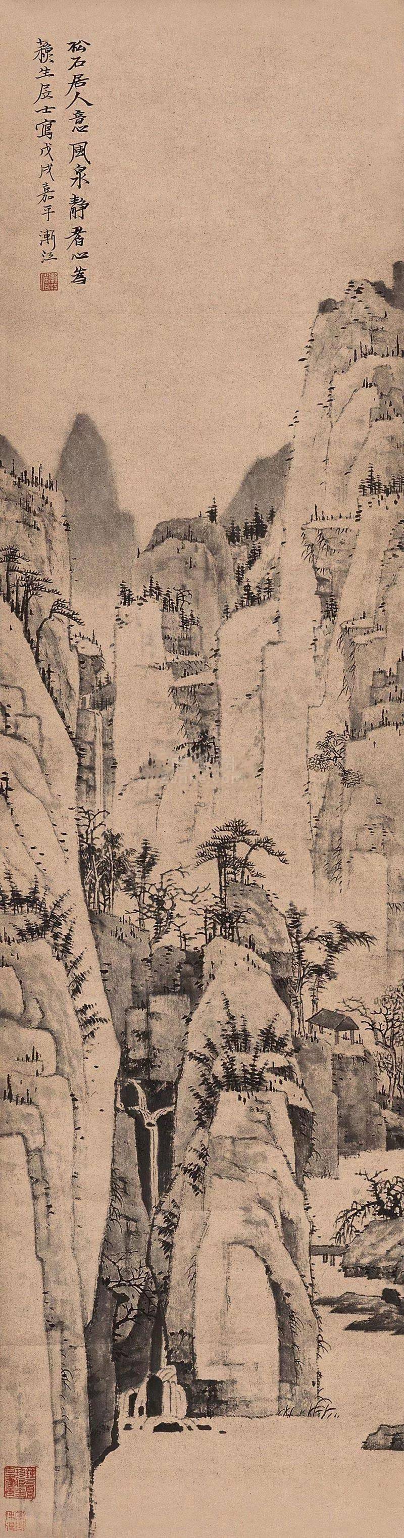 万壑千崖独杖藜;弘仁擅诗书画,爱写梅竹,有"三绝"之誉,属"黄山画派"