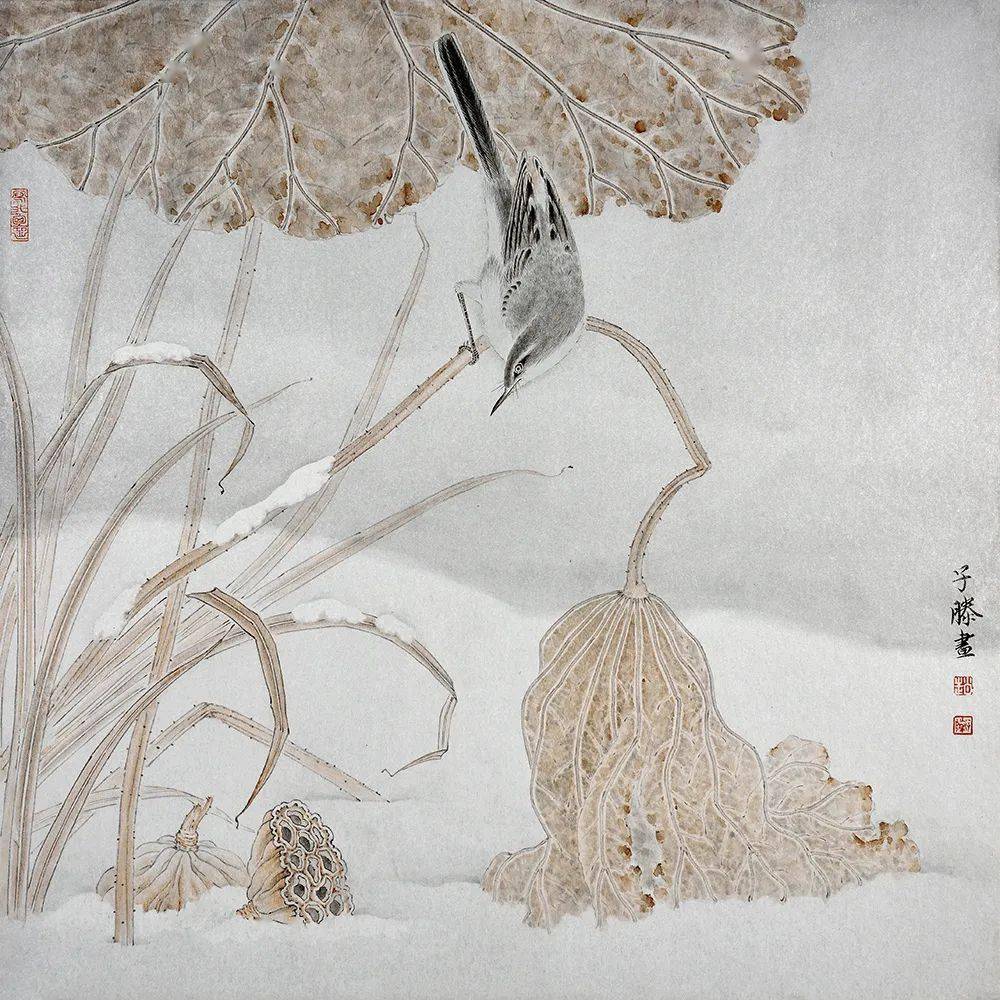 苍劲线条勾勒出的雪中残荷