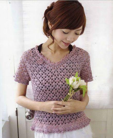 从上往下编织的钩针小衫夏季花边短袖衫淑女款