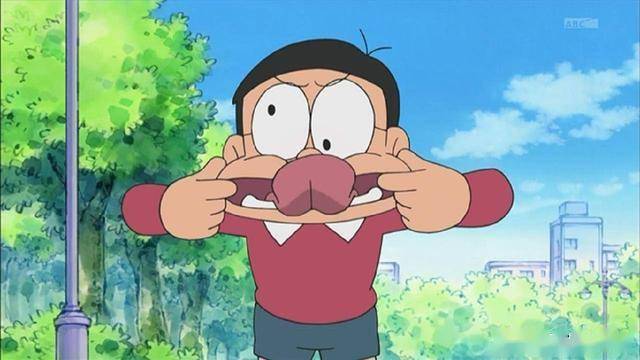 《哆啦a梦》里大雄的整个做"鬼脸"的动作,话说做鬼脸那么简单谁不会是