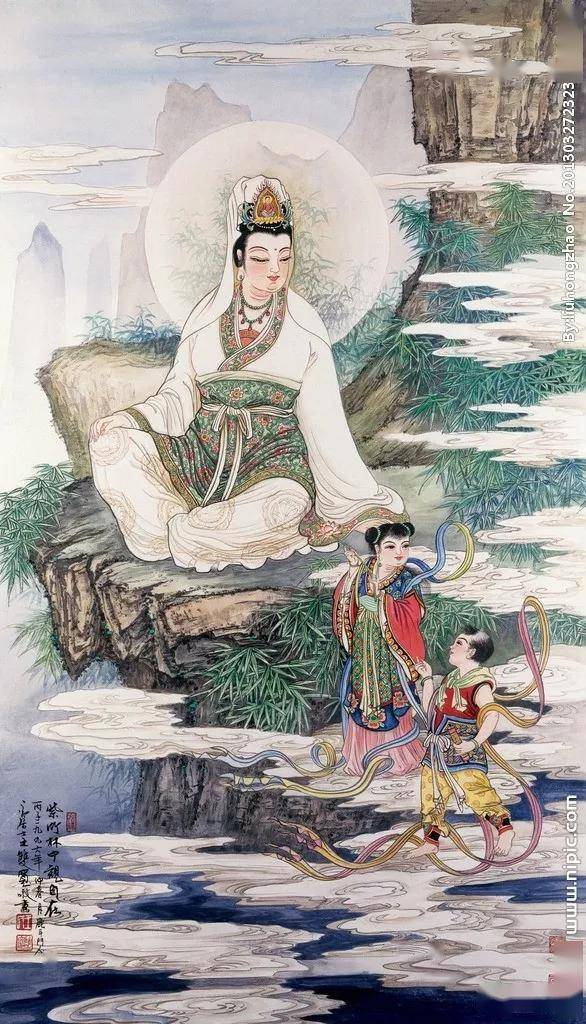 菩提树下莲花菩萨工笔画愿你观音永保快乐平安