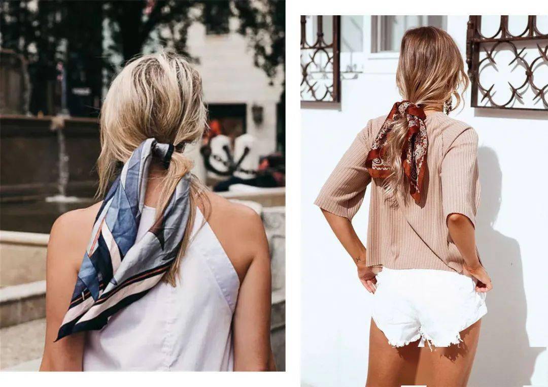 我推荐大家选择窄丝巾或者专门的束发丝巾进行搭配,系法和绑头发的